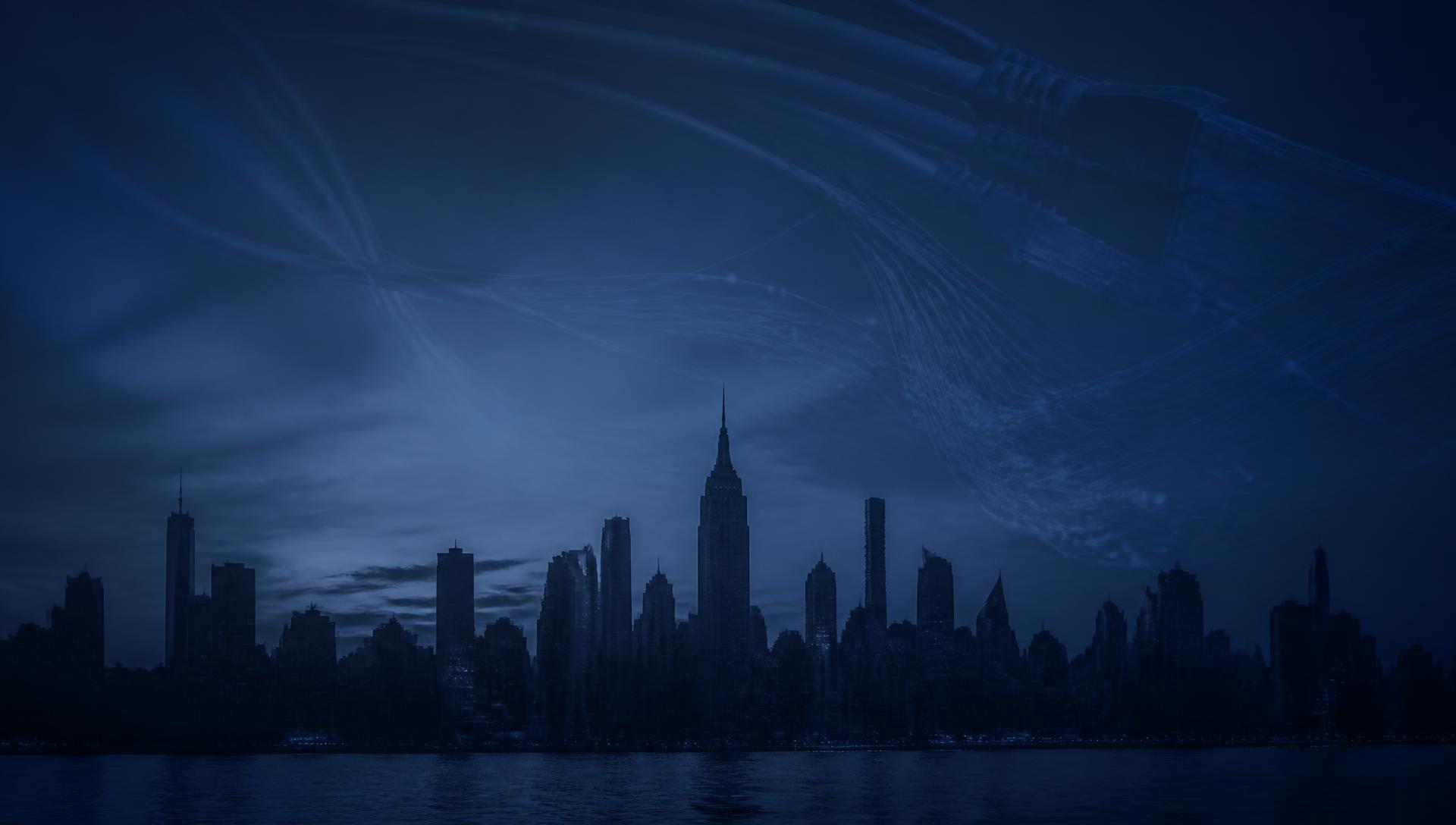 New York City skyline with faded telecom cabling